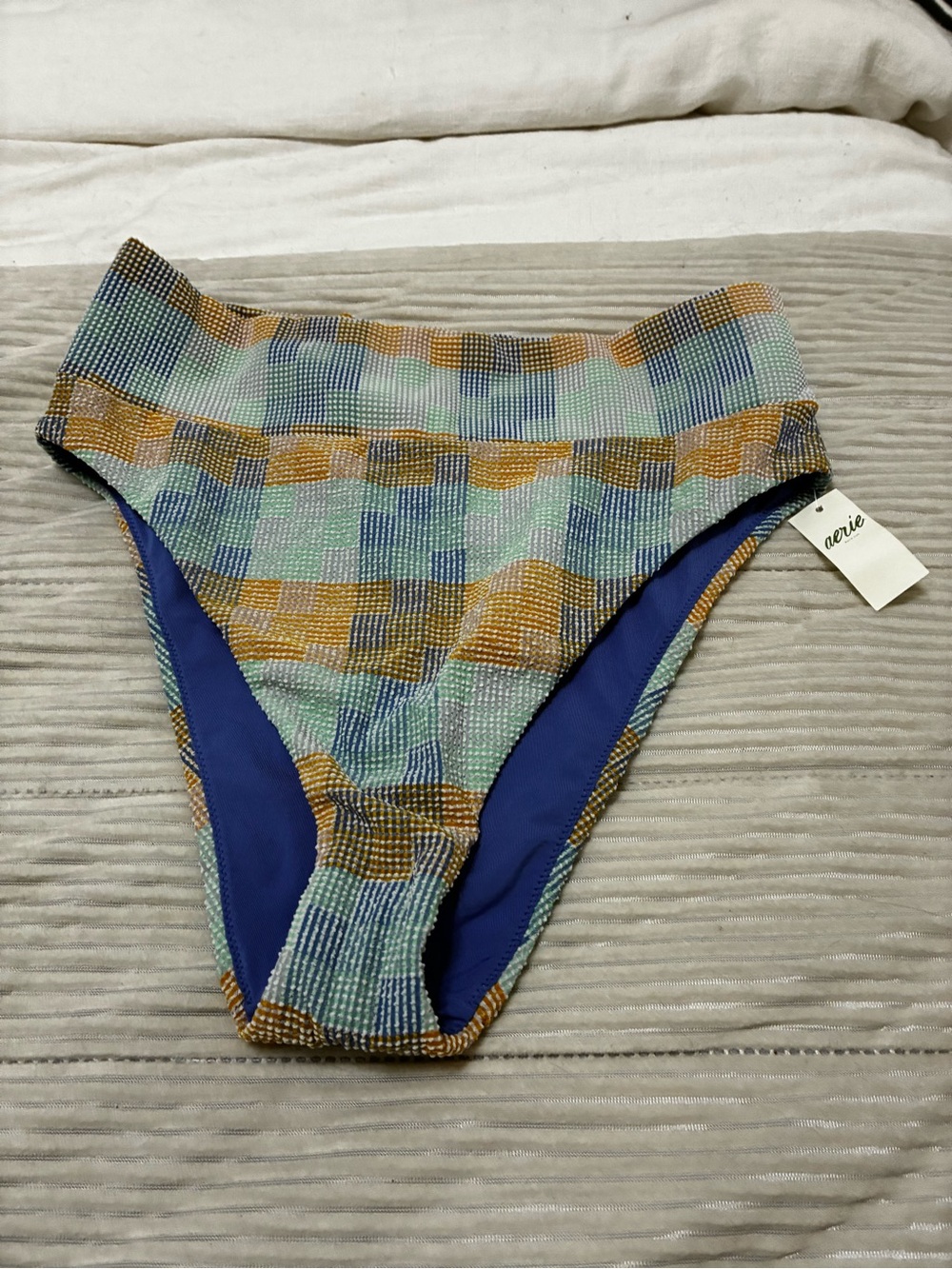 aerie Plaid High-Waist Bikini Bottoms in Blue, Mint & Mustard